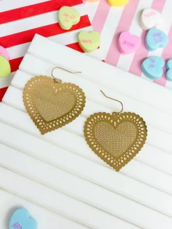 Filigree Heart Dangle Earrings - Gold