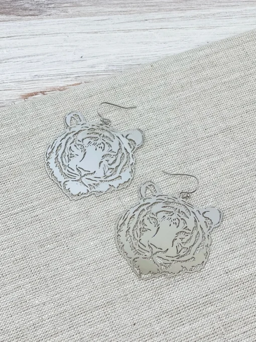 Filigree Tiger Dangle Earrings - Silver