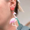 Flamingo Santa Hat Glitter Acrylic Dangle Earrings