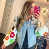 Floral Crochet Sleeve Denim Jacket