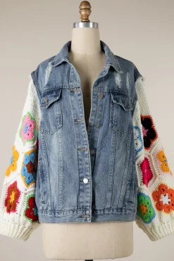 Floral Crochet Sleeve Denim Jacket