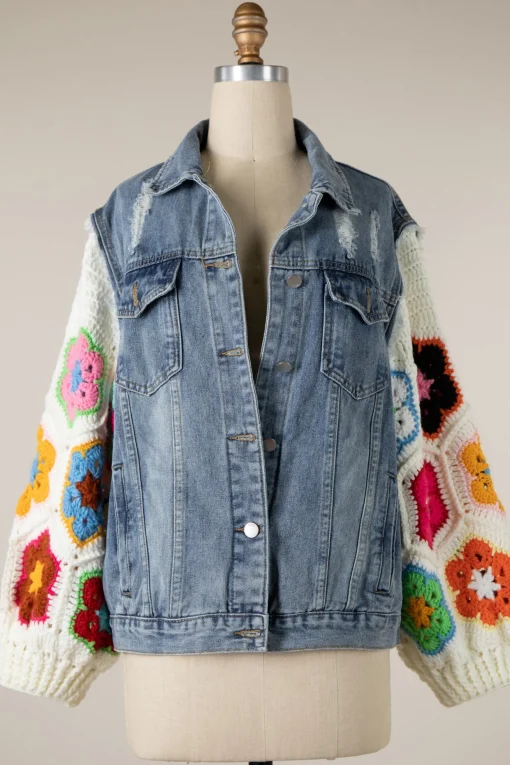 Floral Crochet Sleeve Denim Jacket