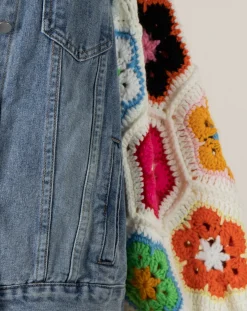 Floral Crochet Sleeve Denim Jacket