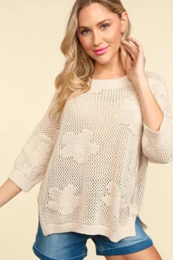 Floral Crochet Sweater Top - Oatmeal (Ships in 1-2 Weeks)