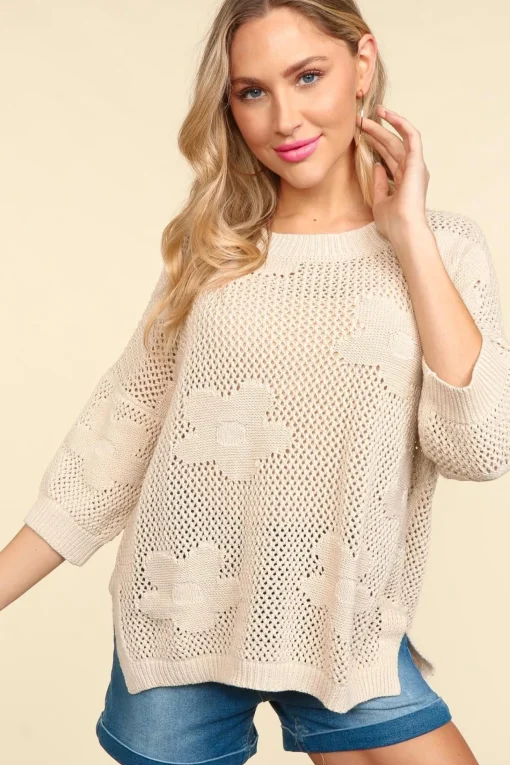 Floral Crochet Sweater Top - Oatmeal (Ships in 1-2 Weeks)