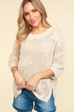 Floral Crochet Sweater Top - Oatmeal (Ships in 1-2 Weeks)