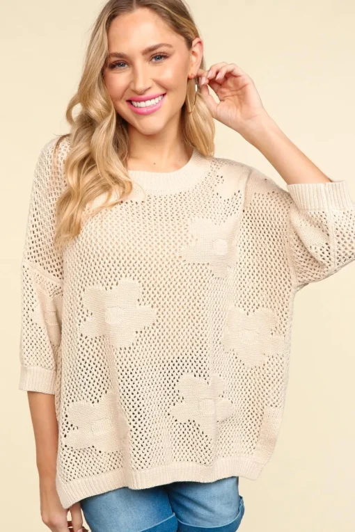 Floral Crochet Sweater Top - Oatmeal (Ships in 1-2 Weeks)