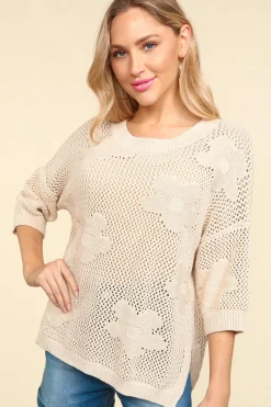 Floral Crochet Sweater Top - Oatmeal (Ships in 1-2 Weeks)