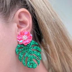 Floral Monstera Glitter Statement Earrings