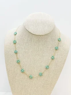 Flower Beaded Station Necklace - Mint