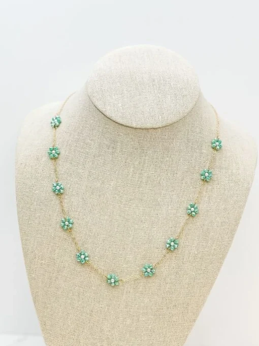 Flower Beaded Station Necklace - Mint