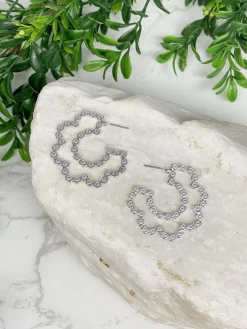 Flower Detail Metallic Hoop Earrings - Silver
