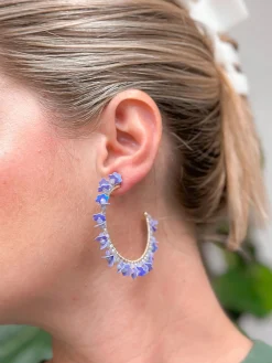 Flower Fringe Hoop Earrings - Lavender