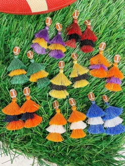 Football Tiered Glitter Tassel Dangle Earrings - Orange & Purple