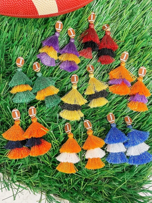 Football Tiered Glitter Tassel Dangle Earrings - Orange & Purple