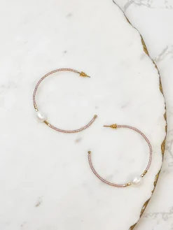 Freshwater Pearl Beaded Hoop Earrings - Blush