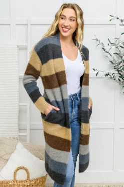 Fuzzy Longline Cardigan In Blue & Cocoa