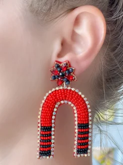 Game Day Beaded Arch Dangle Earrings - Red & Black