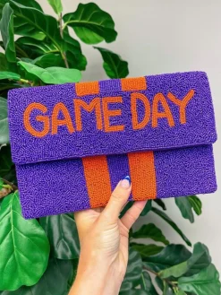 'Game Day' Beaded Clutch & Convertible Crossbody - Purple & Orange