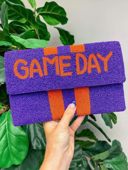'Game Day' Beaded Clutch & Convertible Crossbody - Purple & Orange
