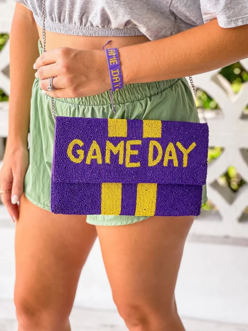 'Game Day' Beaded Clutch & Convertible Crossbody - Purple & Yellow