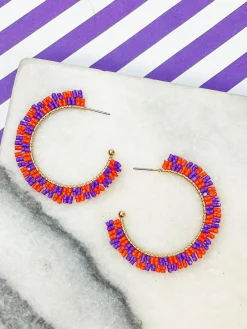 Game Day Checkered Beaded Hoop Earrings - Purple & Orange