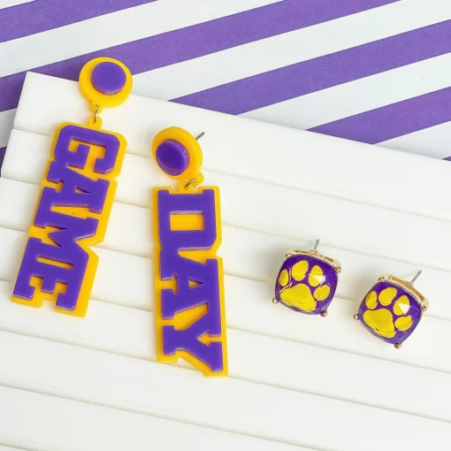 Game Day Paw Print Printed Stud Earrings - Yellow