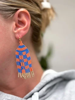 Game Day Seed Bead Fringe Dangle Earrings - Orange & Blue