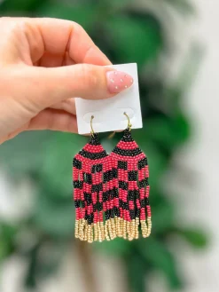 Game Day Seed Bead Fringe Dangle Earrings - Red & Black