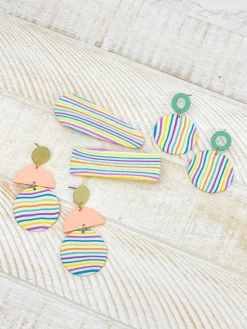 Geometric Circle Clay Dangle Earrings - Rainbow Stripe & Turquoise