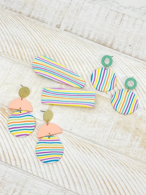 Geometric Circle Clay Dangle Earrings - Rainbow Stripe & Turquoise