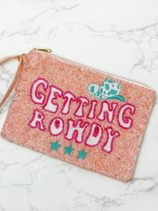 'Getting Rowdy' Beaded Zip Wristlet - Pink