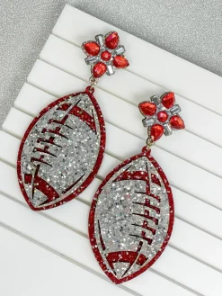 Glitter & Rhinestone College Football Dangle Earrings - Silver & Burgundy