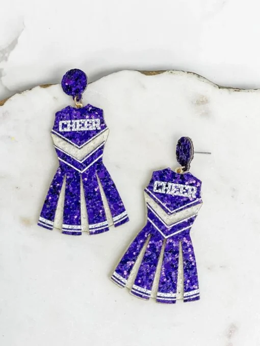Glitter Cheerleader Dress Dangle Earrings - Purple & White
