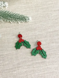 Glitter Holly Dangle Earrings