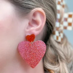 Glittery Double Heart Dangle Earrings