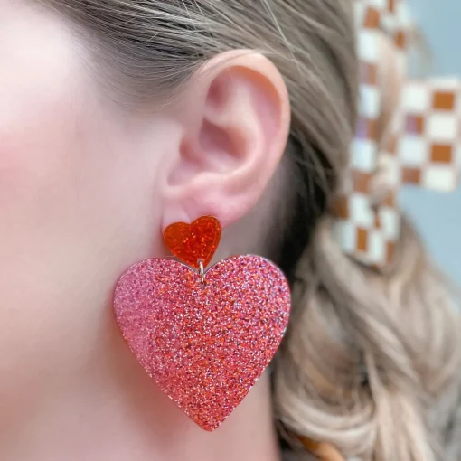Glittery Double Heart Dangle Earrings