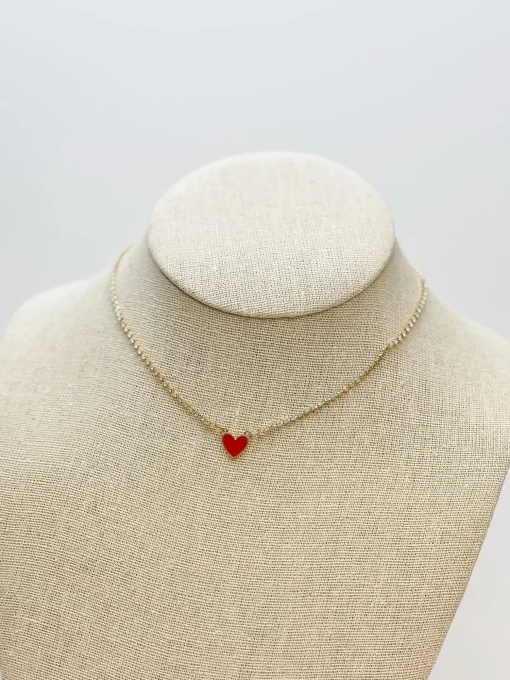 Glitzy Chain Heart Necklace - Red