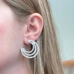 Glitzy Crescent Moon Statement Post Earrings - Silver