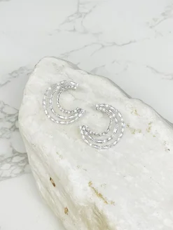 Glitzy Crescent Moon Statement Post Earrings - Silver