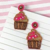 Glitzy Cupcake Beaded Dangle Earrings - Hot Pink