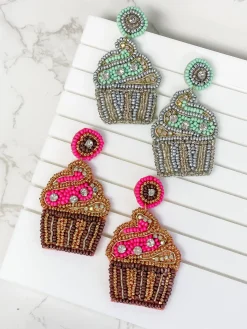 Glitzy Cupcake Beaded Dangle Earrings - Hot Pink