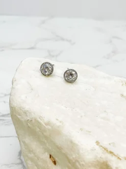 Glitzy Halo Circle Stud Earrings - Silver