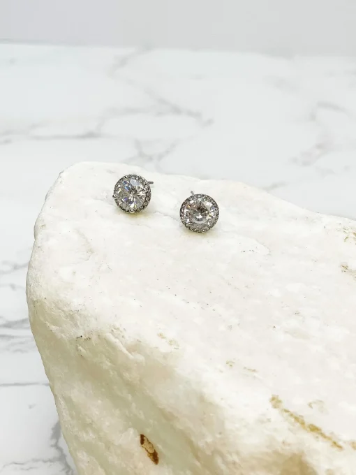 Glitzy Halo Circle Stud Earrings - Silver