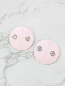 Glitzy Halo Circle Stud Earrings - Silver