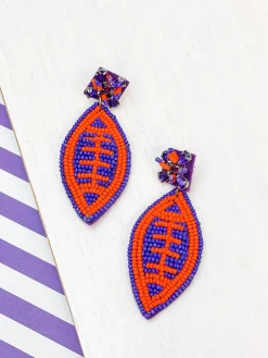 Glitzy Post Football Dangle Earrings - Purple & Orange