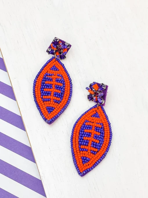 Glitzy Post Football Dangle Earrings - Purple & Orange