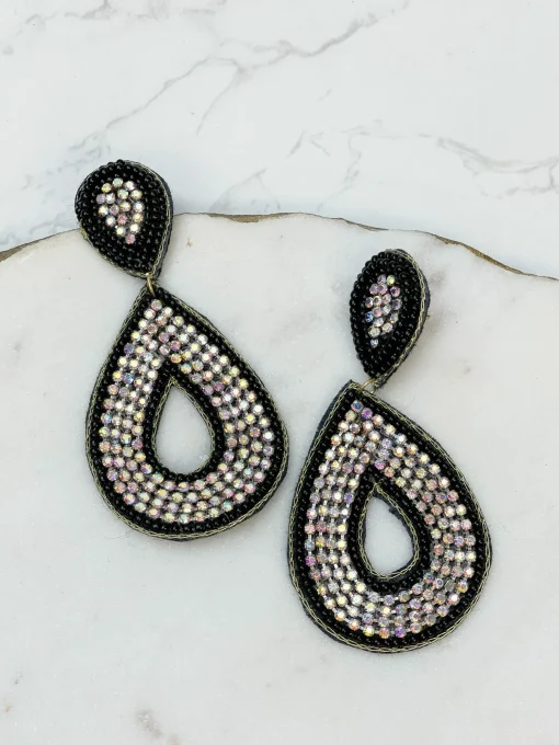 Glitzy Seed Bead Teardrop Dangle Earrings - Black