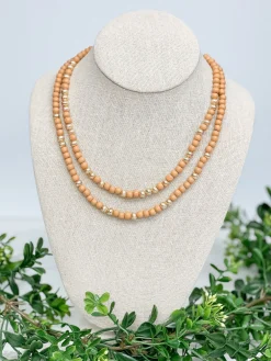 Gold & Color Bead Dual Strand Necklace - Tan