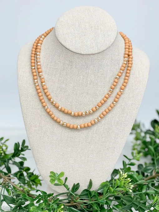Gold & Color Bead Dual Strand Necklace - Tan